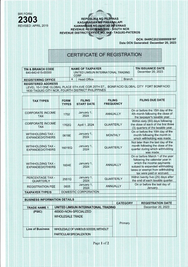 BIR Certificate of Registration