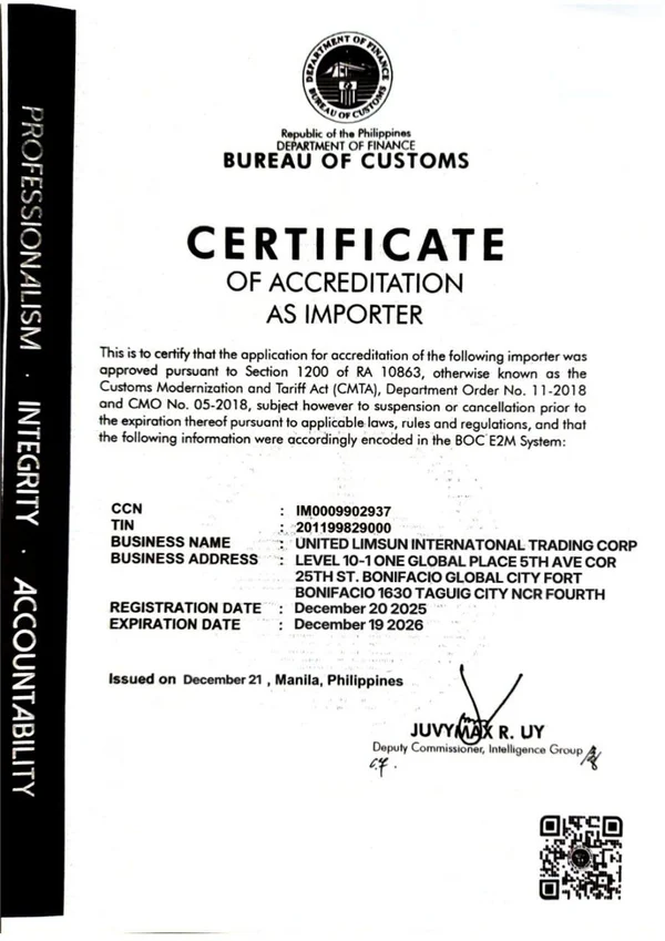 Certificate of Accreditation as Importer