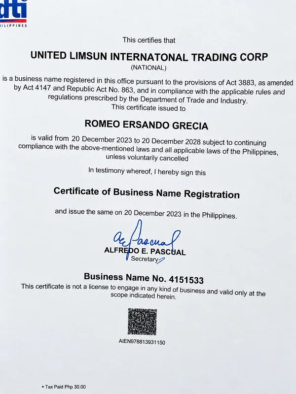 Certificate of Business Name Registration